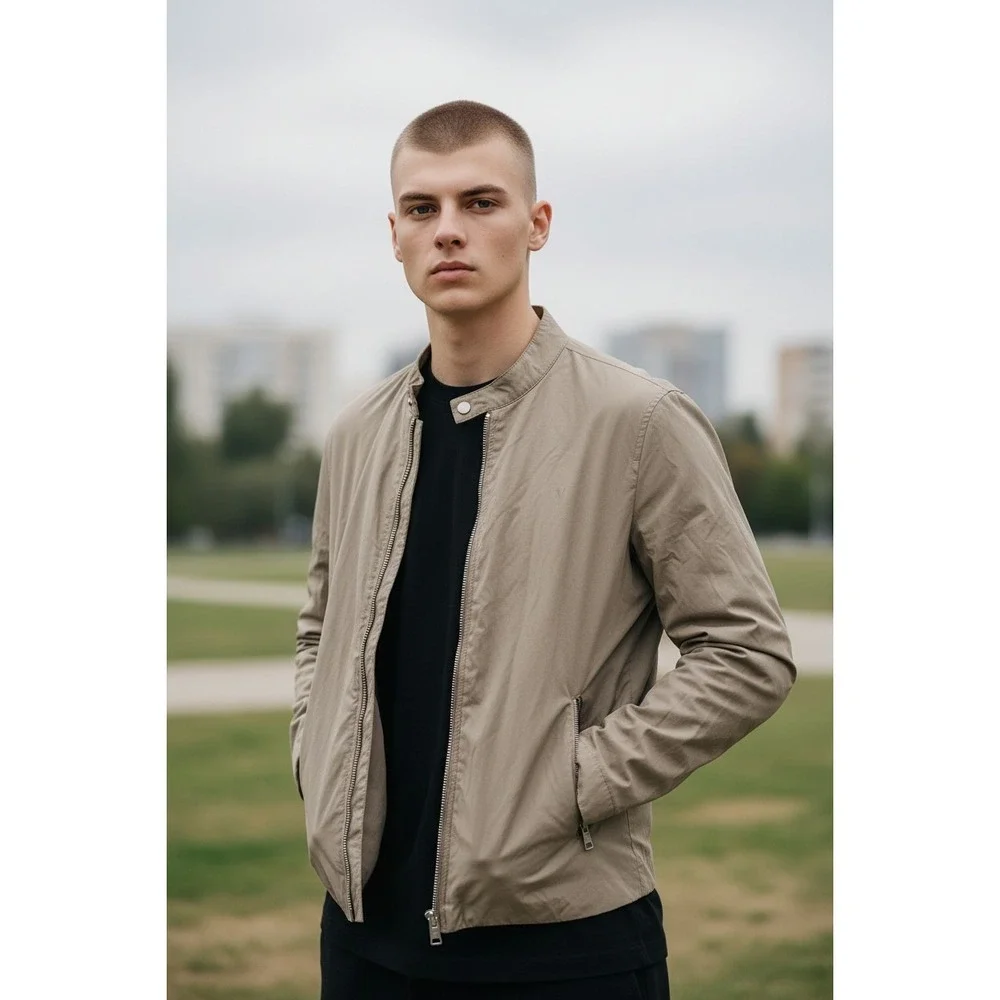 AllSaints Mens Tan Khaki Racer Bomber Jacket XL Embroidered Logo Zip Cuffs - Picture 1 of 16